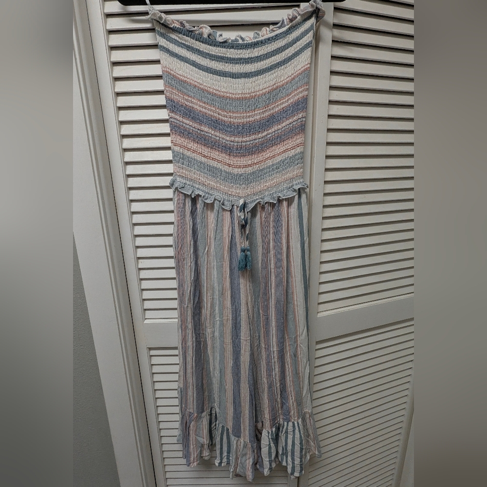 Blue Island Beach Striped Romper Swim Cover Up Tassel Flare